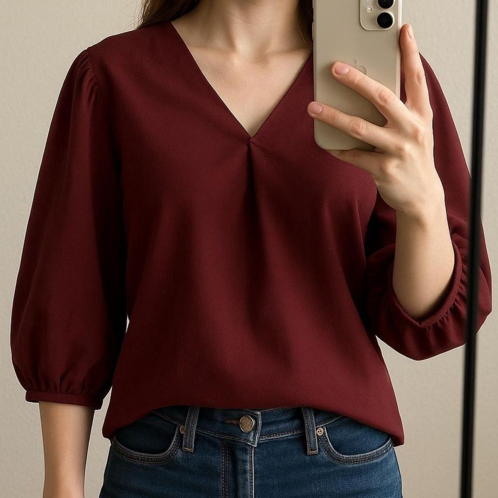 Uniqlo Burgundy Maroon Classic Blouse‎ Puff Sleeves Small Cottagecore preppy